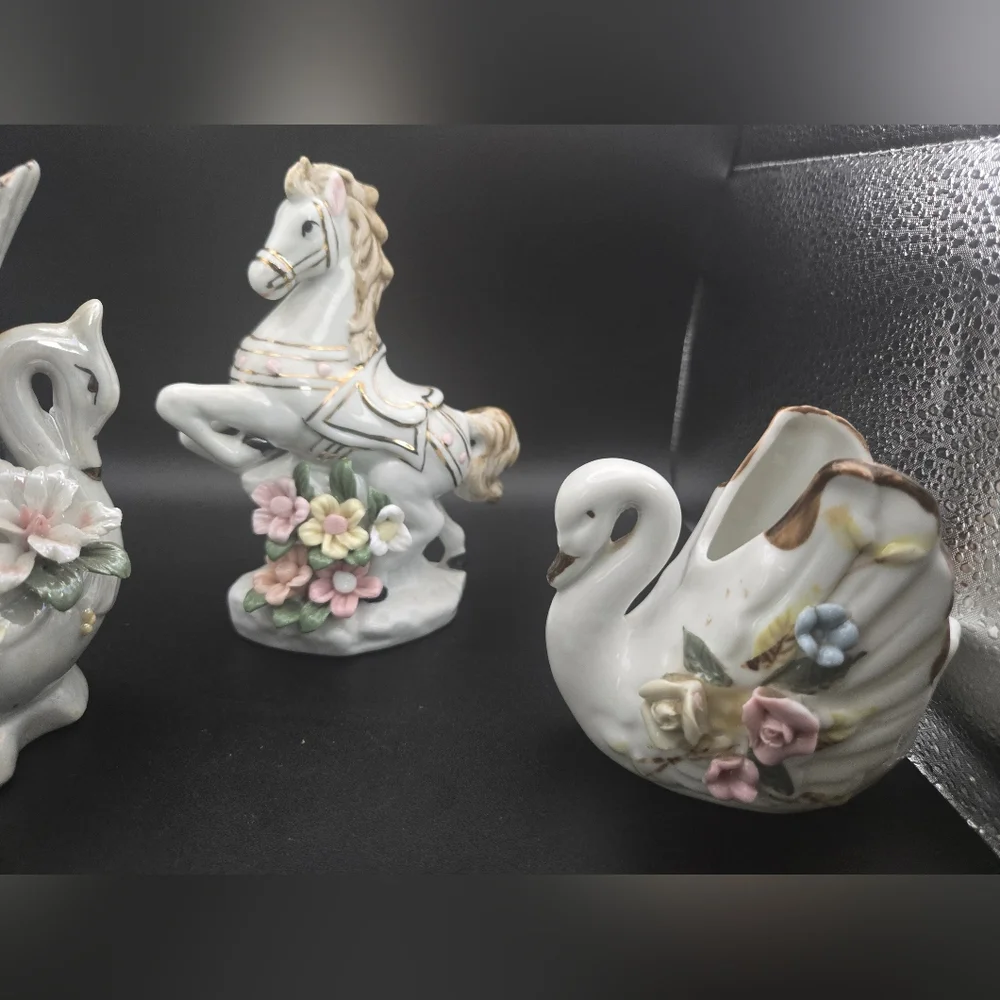 Porcelain Swan and Horse Figurines with Floral Accents Vintage